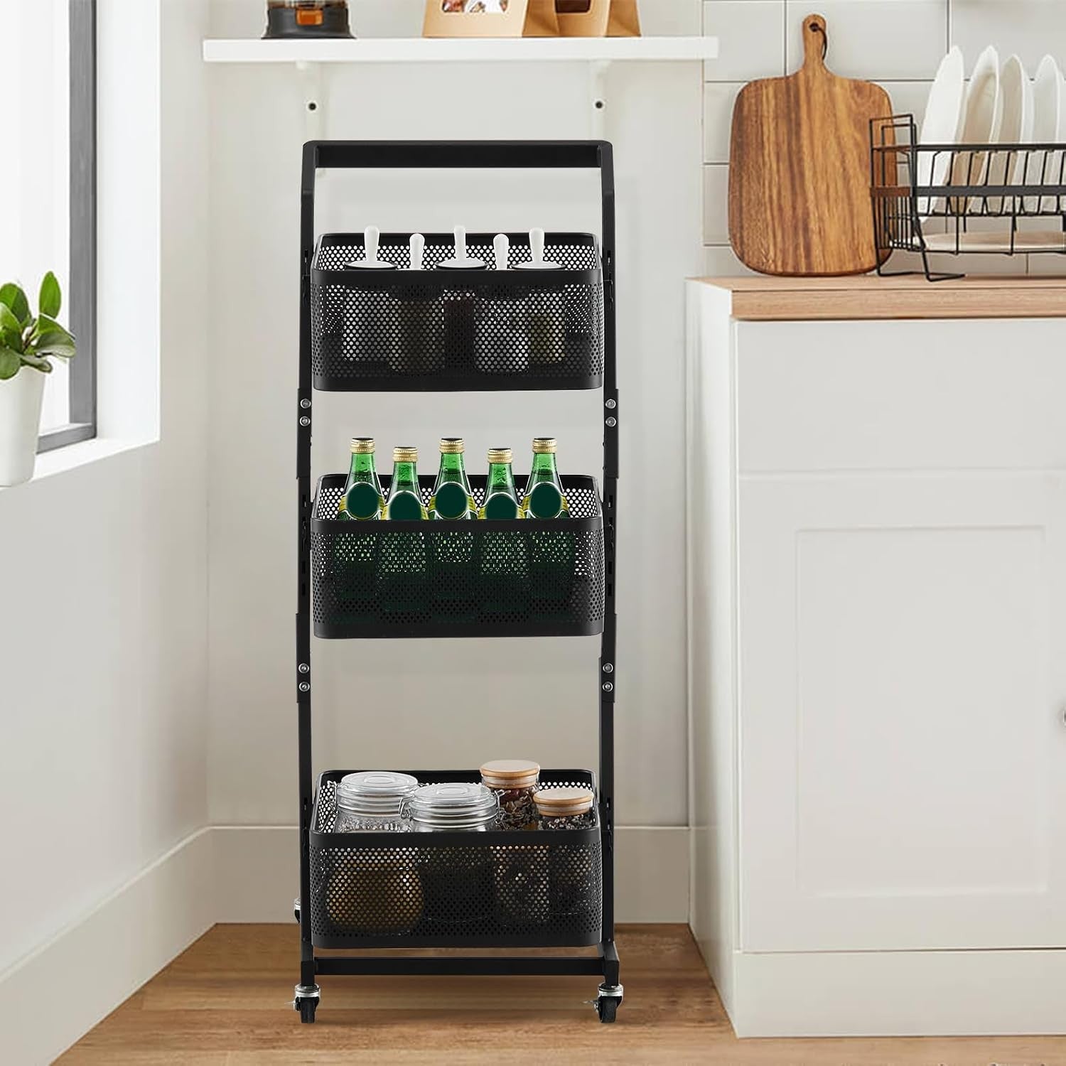 3 Tier Rolling Storage Trolley Metal Basket Organizer with Wheels Black
