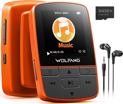64GB Bluetooth 5.2 MP3 Player Orange Mini Sports Clip 1oz