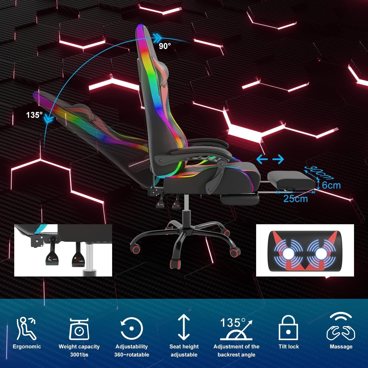 Gaming Chair Red LED High Back Reclining PU Leather Office Racing Seat Massage