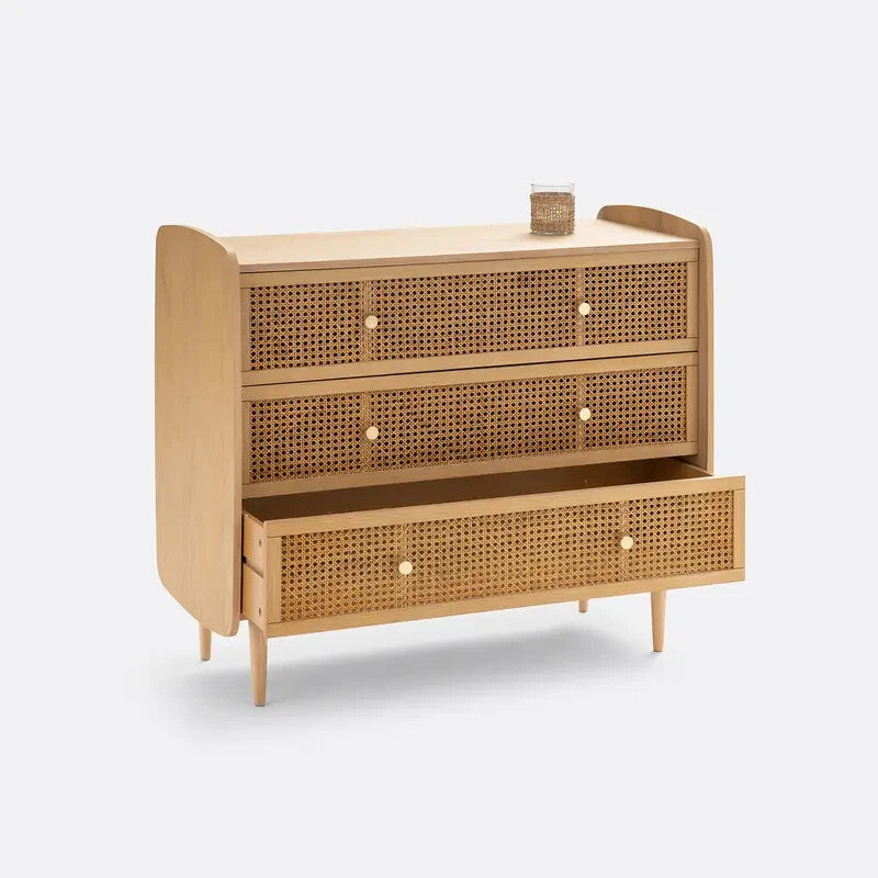 3 Drawer Oak Rattan Cane Chest | Bedroom Storage Unit 100x89.5x47cm
