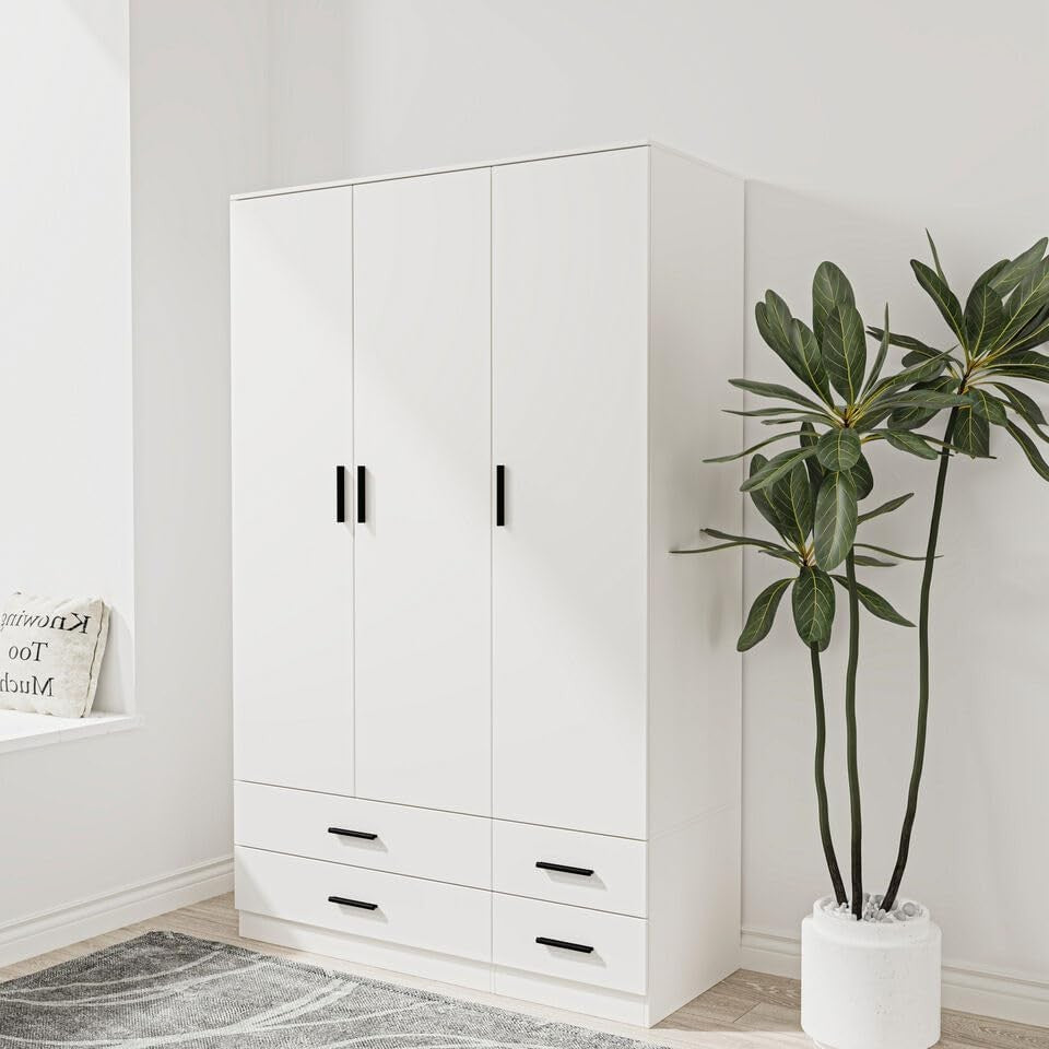 White 3 Door Wardrobe with 4 Drawers Modern Bedroom Storage Cupboard