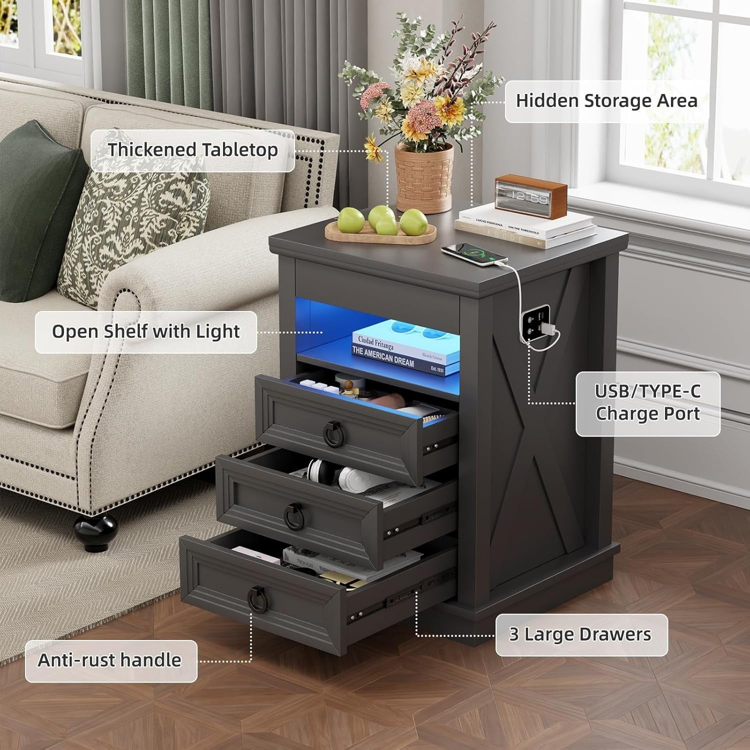 Grey Smart Bedside Table with Wireless Charging, LED Lights & 4 Drawer Storage