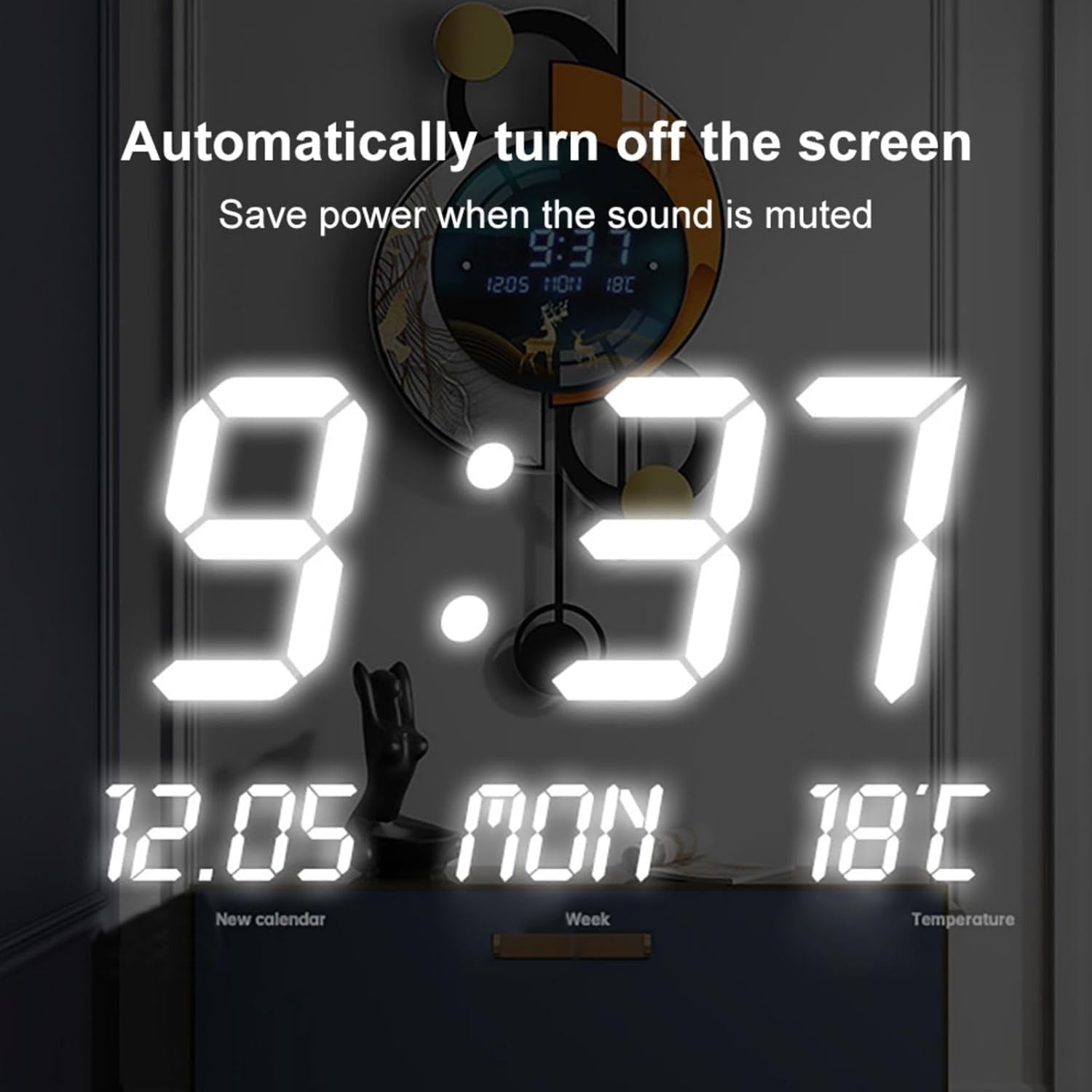 Modern LED Digital Wall Clock Silent Time Temp Display 34x67cm USB Battery