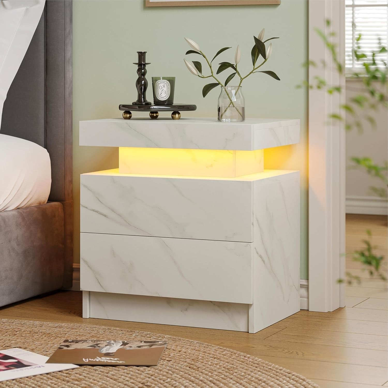 Modern Marble White LED Bedside Table with Drawers – RGB Light Nightstand