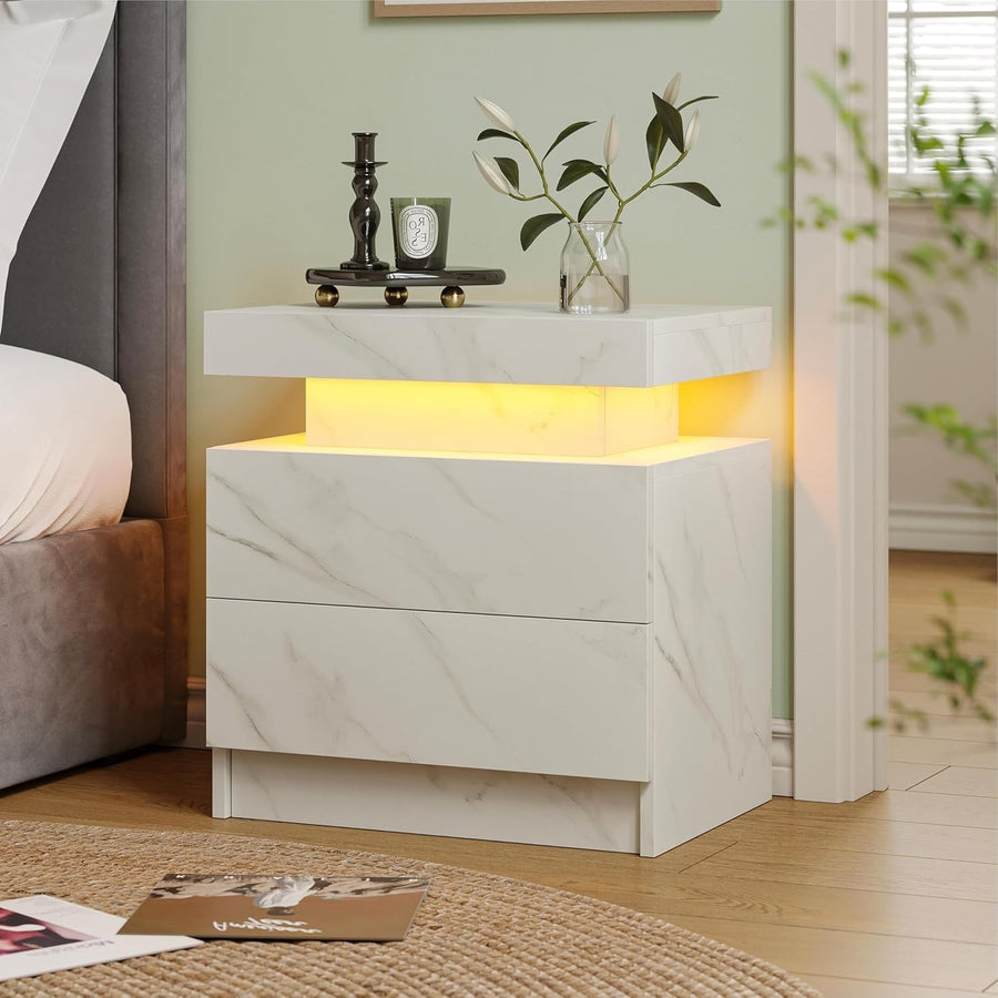 Modern Marble White LED Bedside Table with Drawers – RGB Light Nightstand