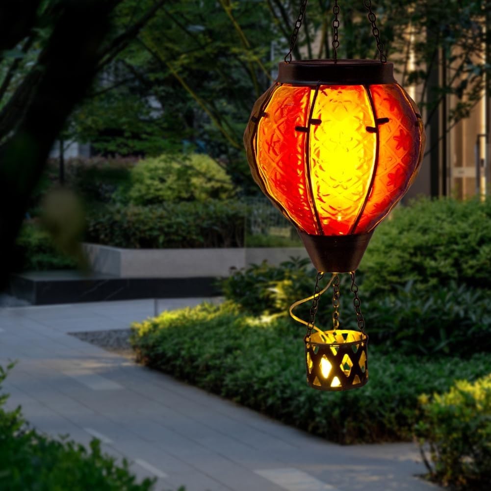 2PCS Hot Air Balloon Solar Lanterns Flame LED Glass Decor