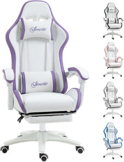 Gaming Chair PU Leather Recliner w/ Footrest 135° Swivel White Purple