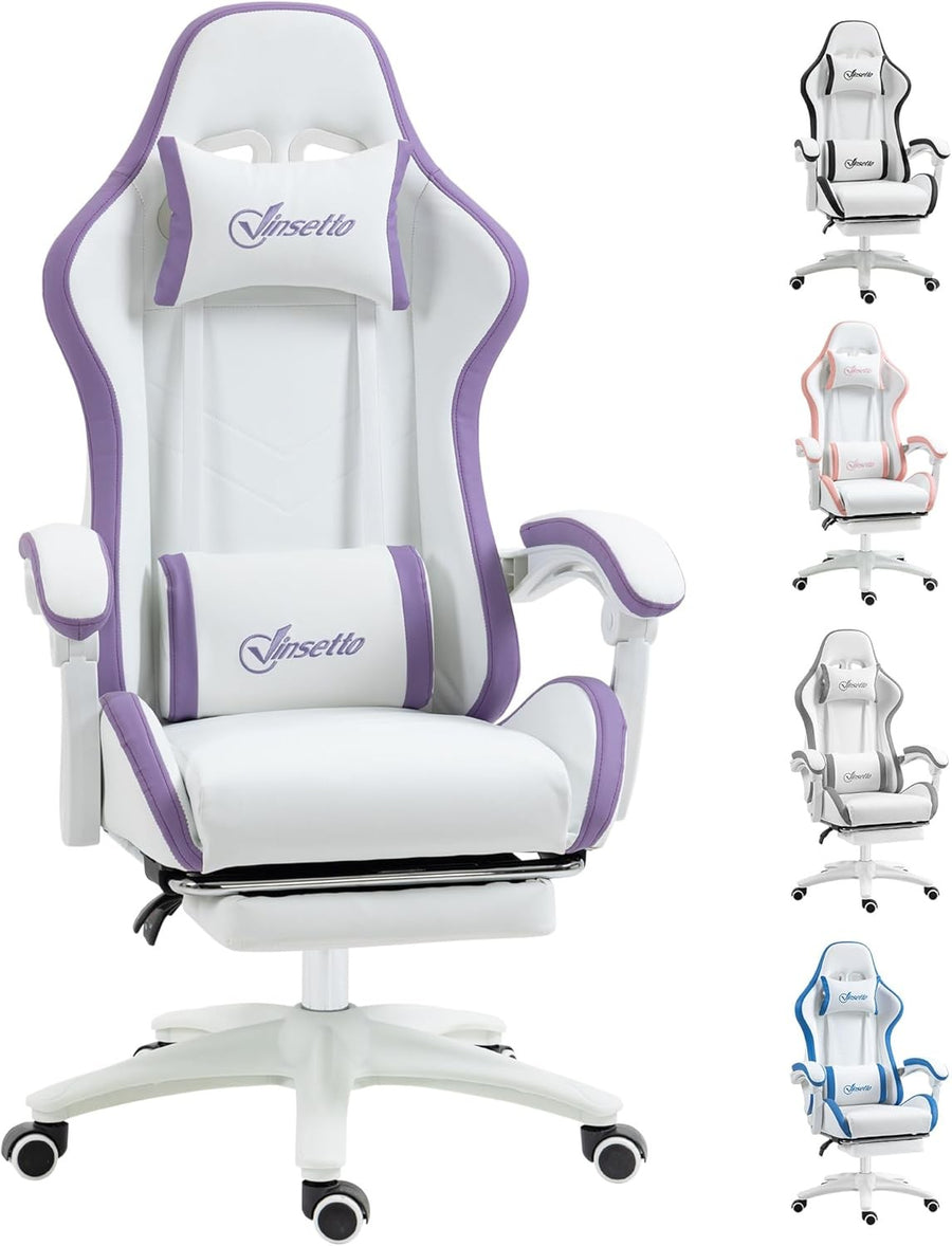 Gaming Chair PU Leather Recliner w/ Footrest 135° Swivel White Purple