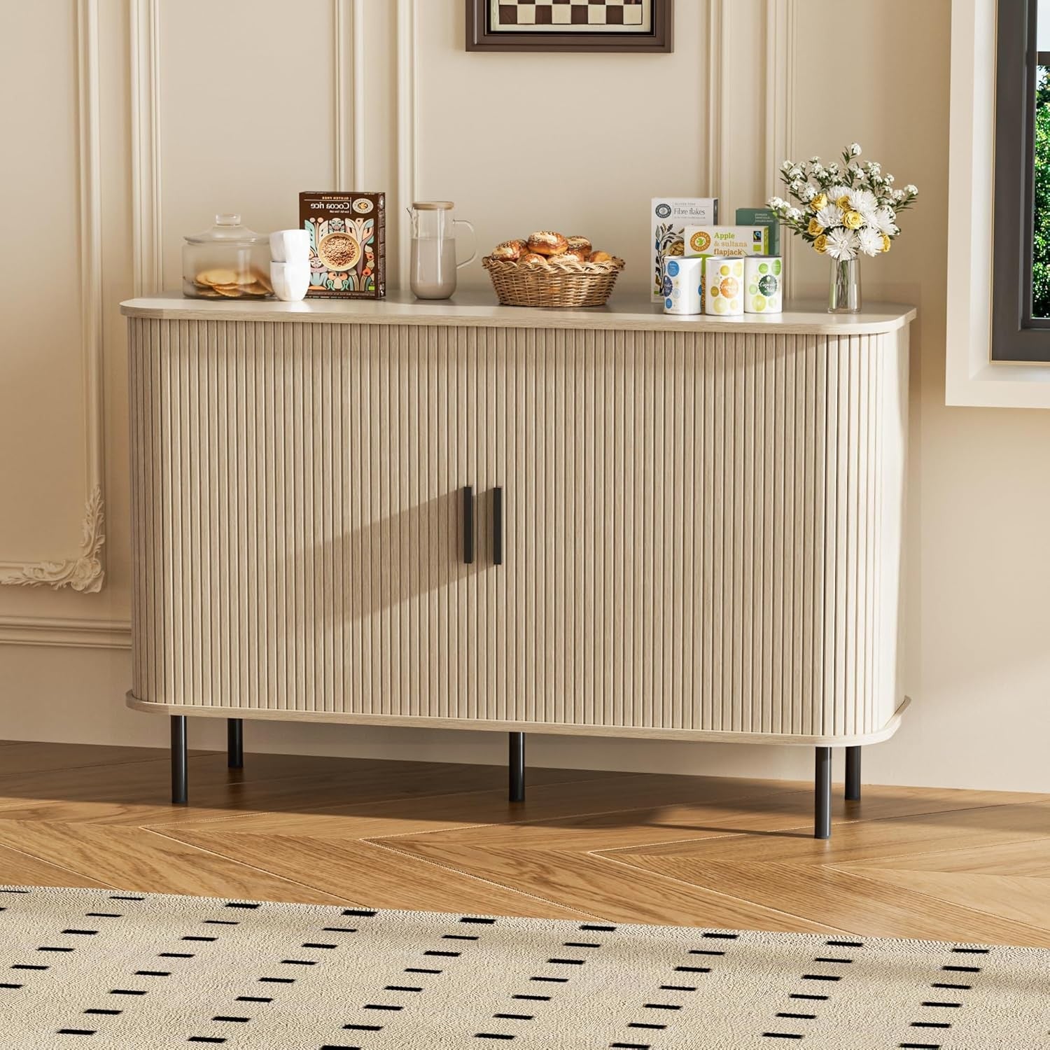 Modern Beige Sideboard Cabinet Buffet Cupboard with Sliding Tambour Doors