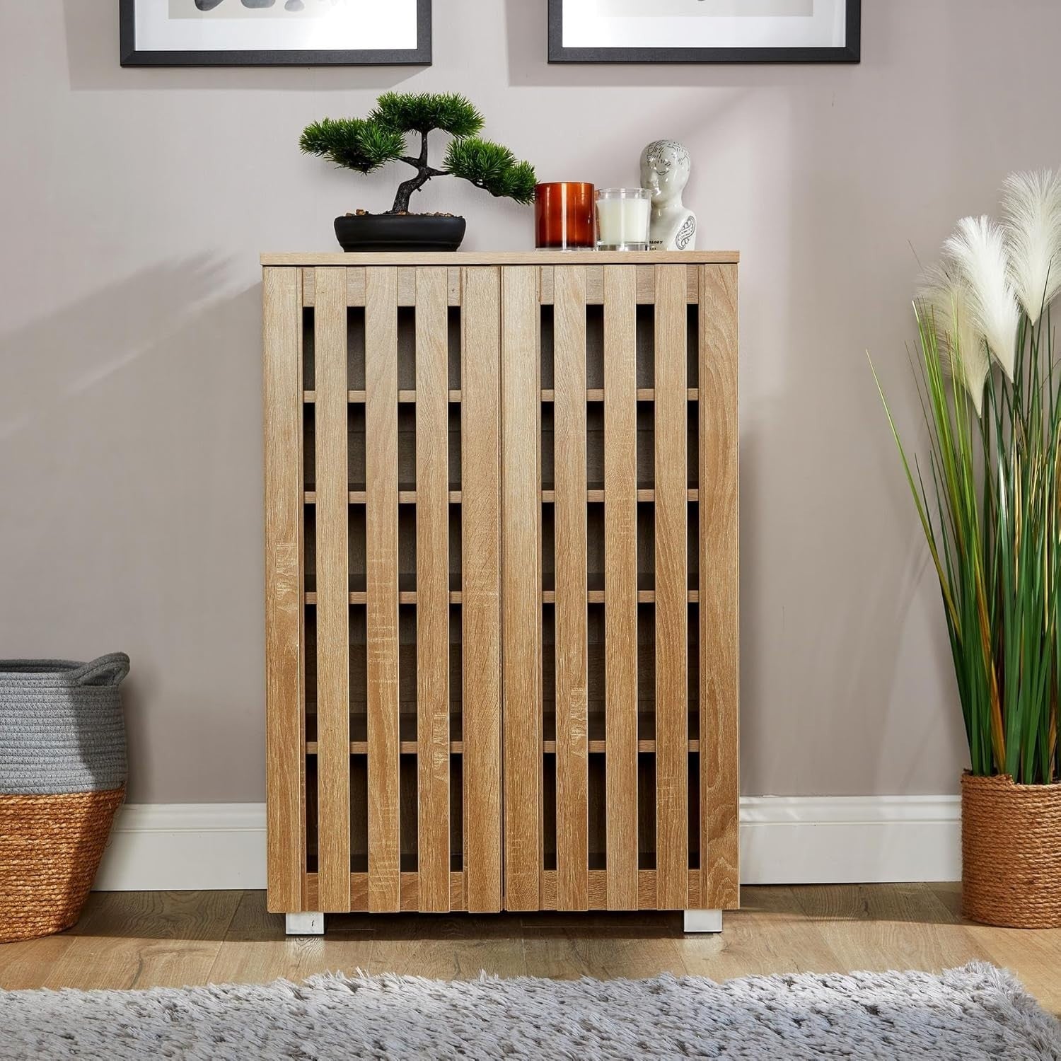 Spacious 2 Door Wooden Shoe Cabinet with 4 Shelves | Oak Effect, Durable