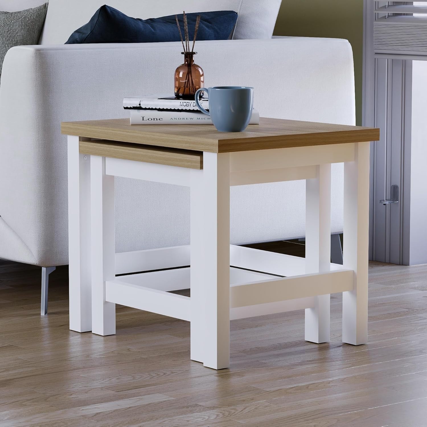 Space Saving Nesting Side Tables White & Oak Modern Living Room Nightstand