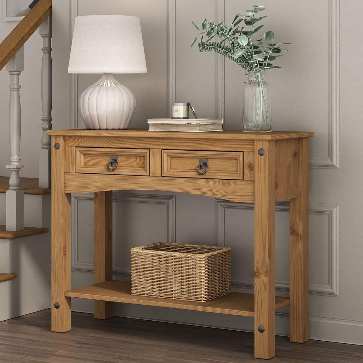 Mexican Pine Console Table 2 Drawer Rustic Hallway Unit 90cm Solid Wood