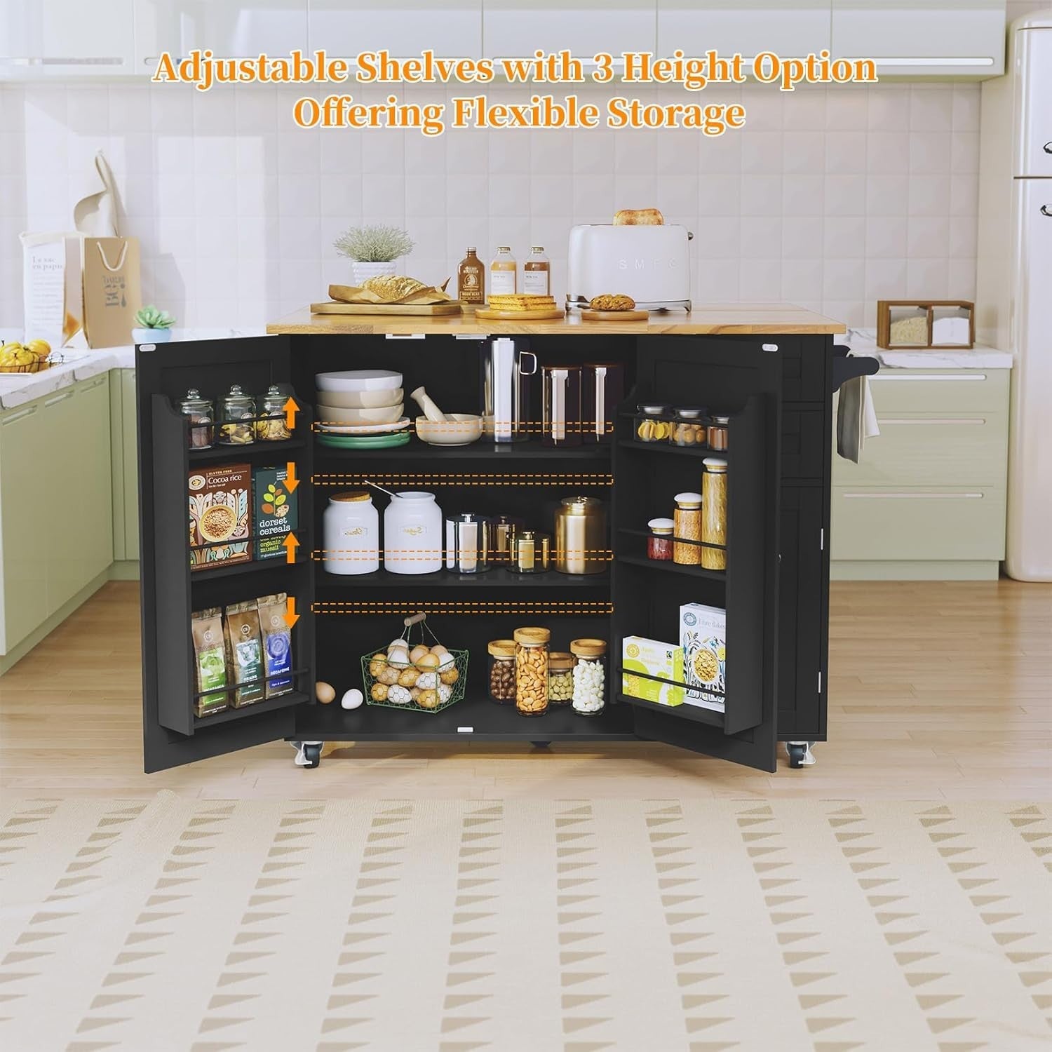 Rolling Kitchen Island Cart Drop Leaf 128cm Rubberwood Top