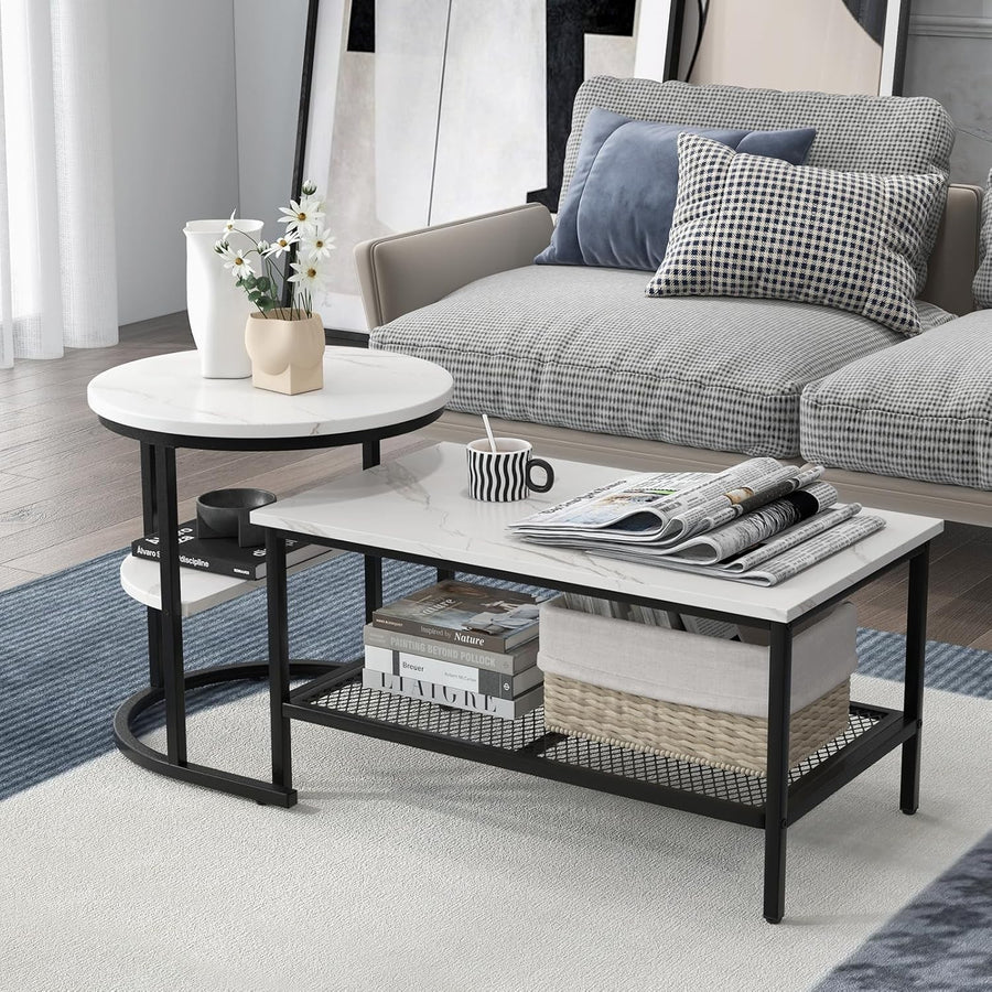 Modern Coffee Table Set 2-in-1 Nesting Side End Table Storage Black + White
