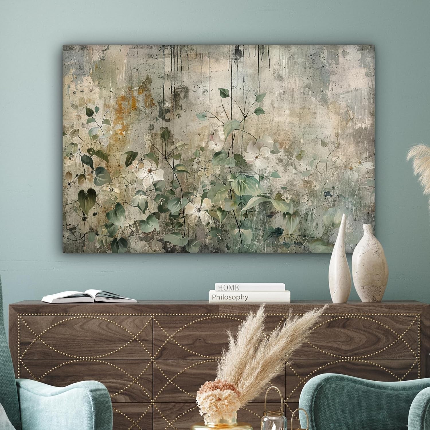 Large Abstract Floral Canvas Wall Art 47"x31" Modern Home Decor