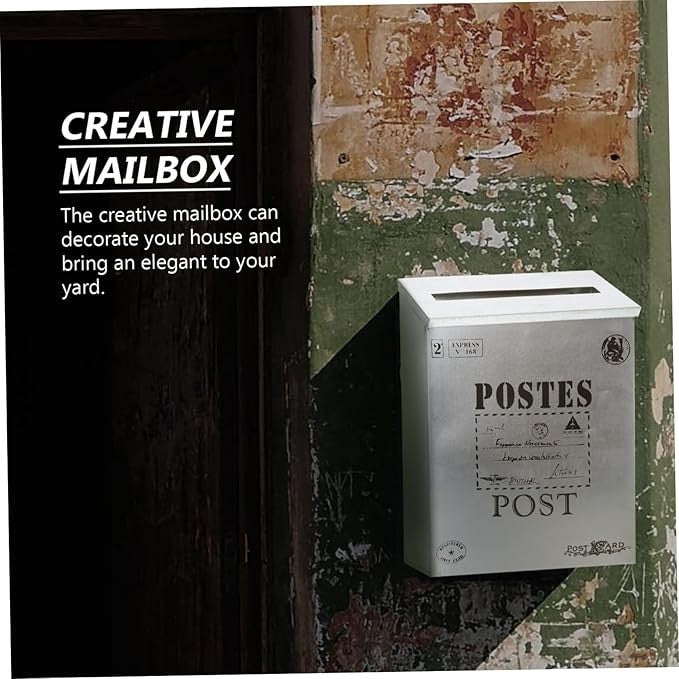 Retro Wall Mounted Mailbox Silver Iron Post Box Vintage Outdoor Letter Holder