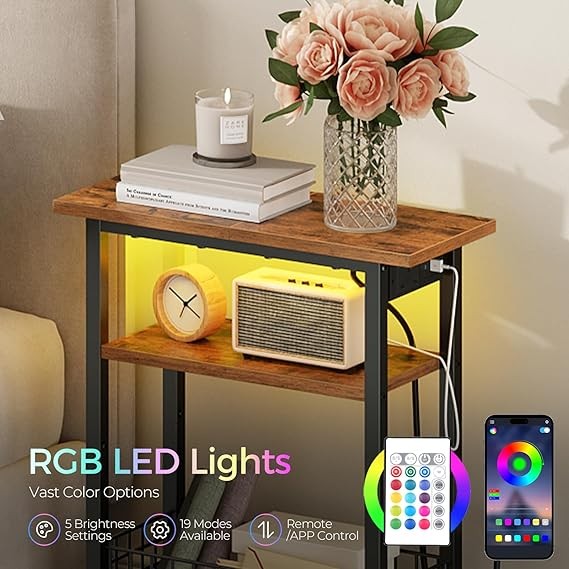 Slim Side Table with Charging Ports & LED Light, Narrow Bedside Nightstand