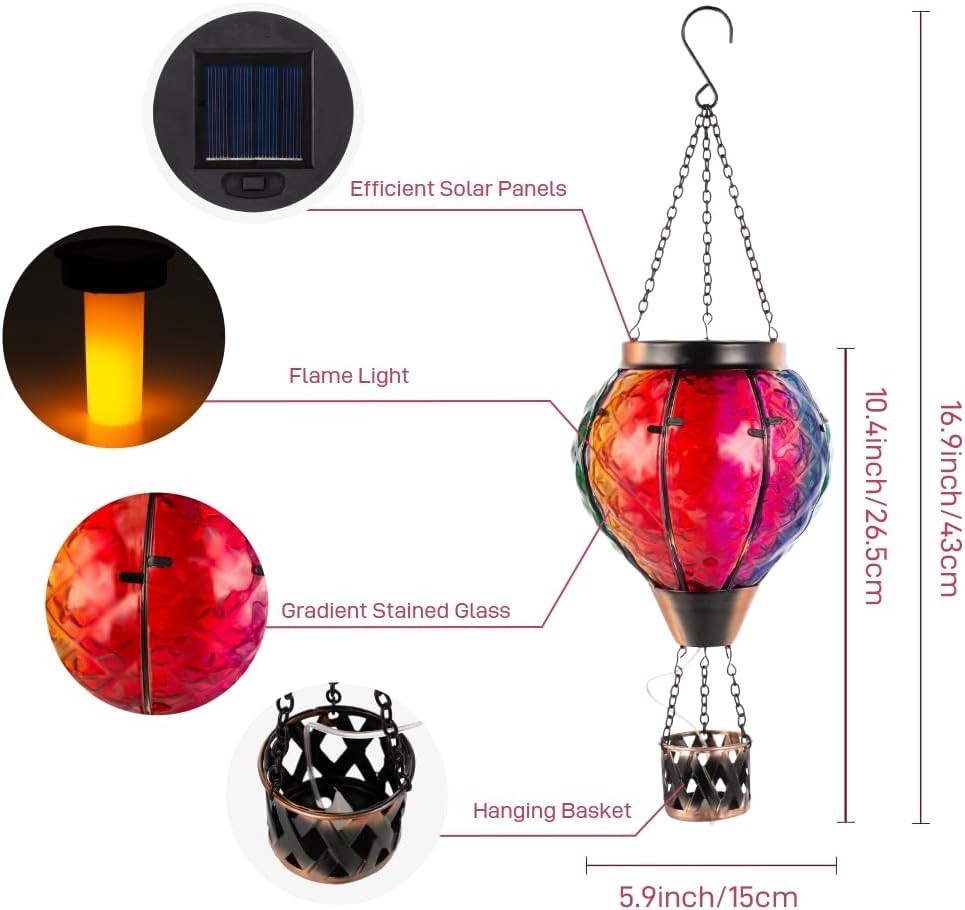 Hot Air Balloon Solar Lantern Flame LED Glass Garden Decor