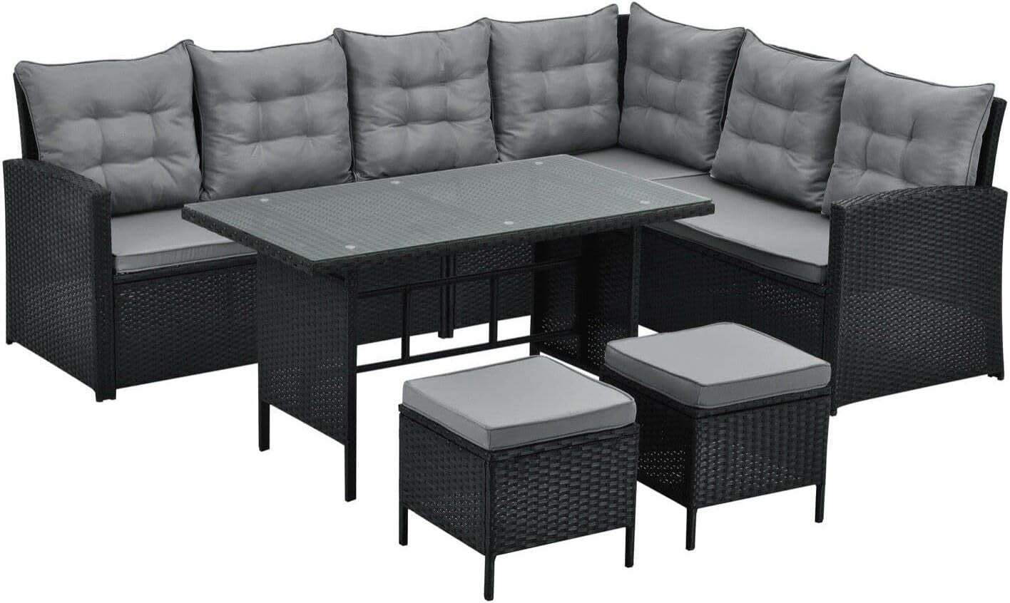 8 Seat PE Rattan Garden Sofa Dining Set with Cushions & Glass Table Patio