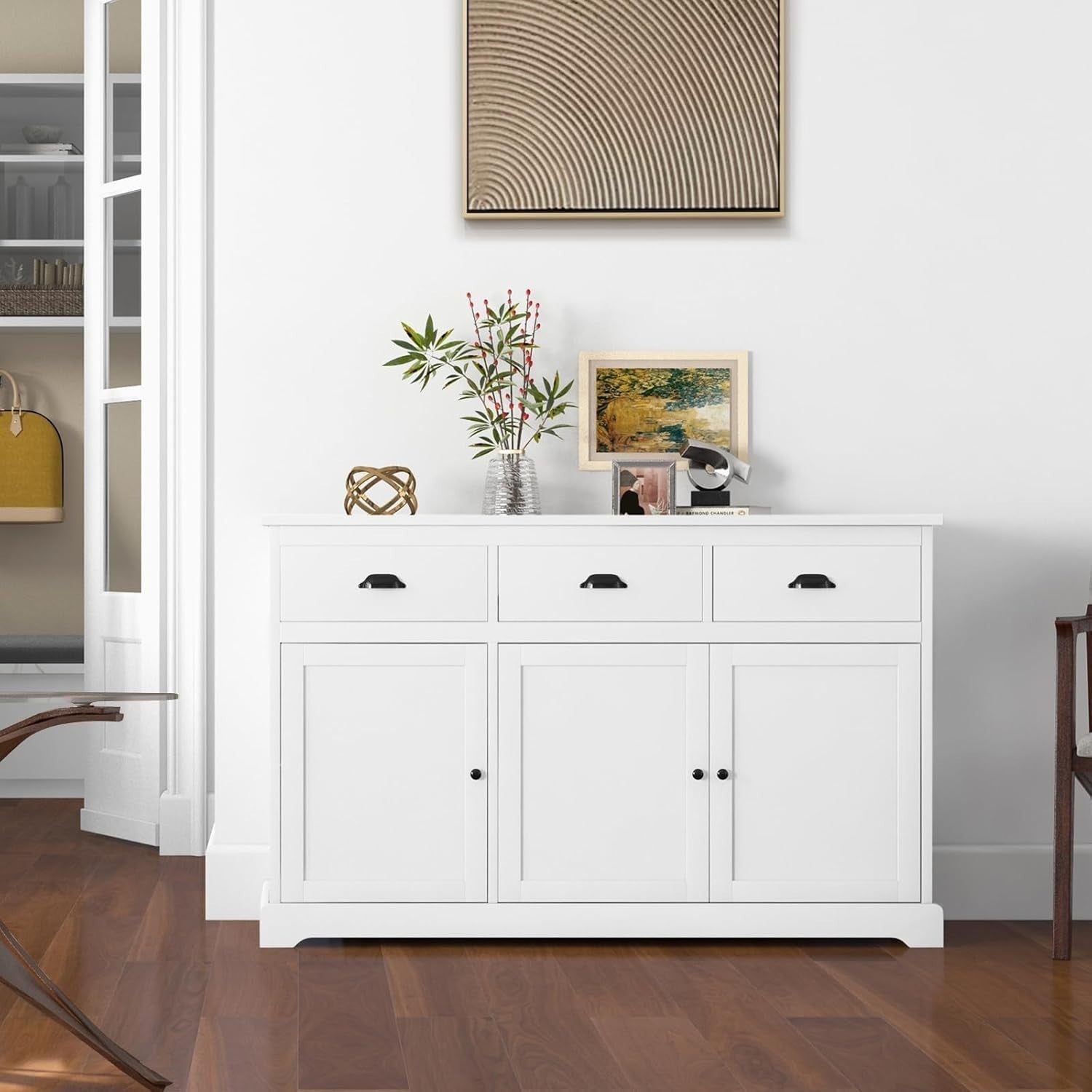 White Large Sideboard Buffet Cabinet with 3 Drawers & Adjustable Shelves
