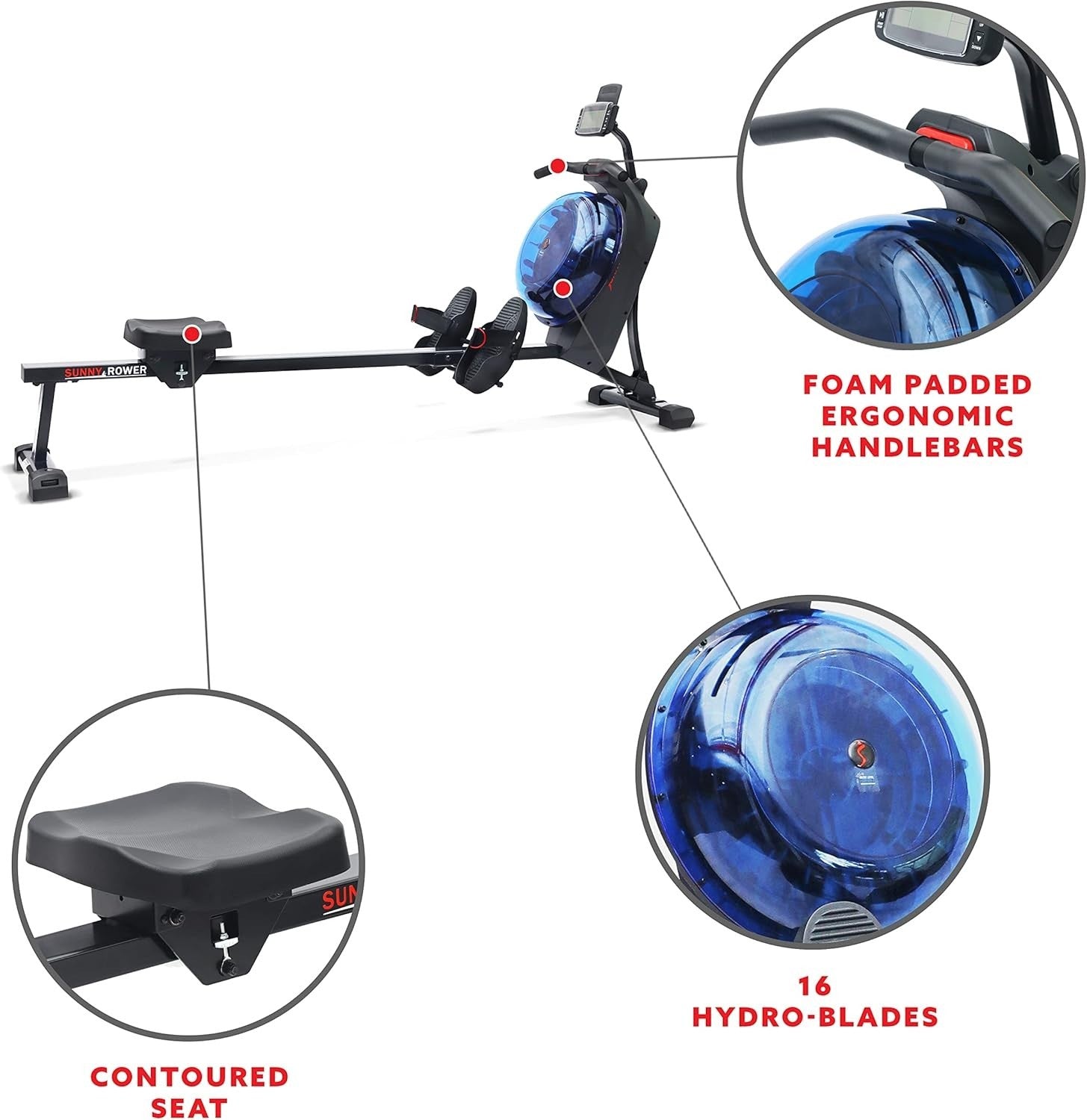 Dual Magnetic Water Rowing Machine Smart LCD App Long Rail Blue Rower 120KG