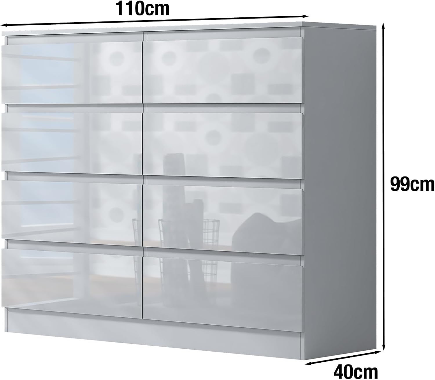 Modern 8 Drawer White Gloss Chest, Minimalist Bedroom Storage Dresser Unit