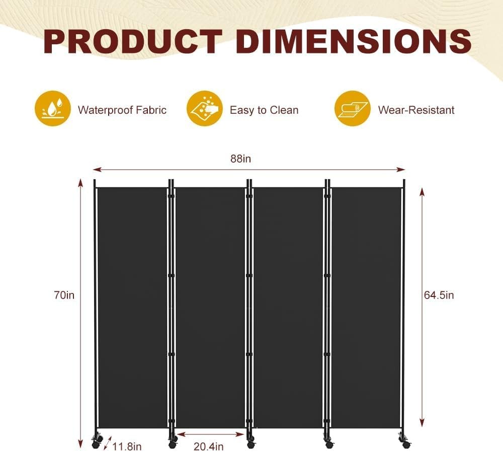 4 Panel Folding Room Divider Freestanding Privacy Screen with Lockable Wheels Bl