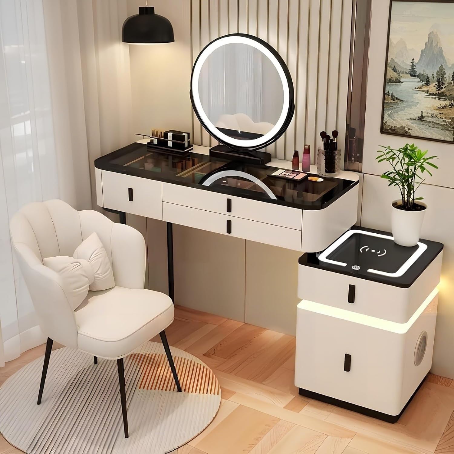 Modern Vanity Makeup Dressing Table w/ Mirror Light Charger Audio White-Black