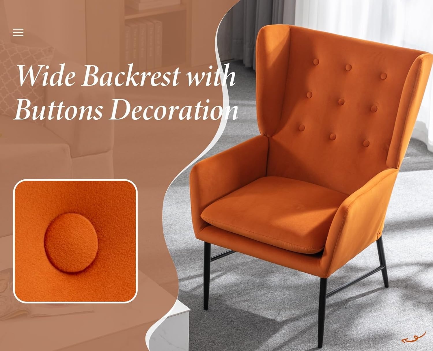 Orange Velvet Accent Armchair Tufted Back Lounge Chair Metal Legs Modern Seat