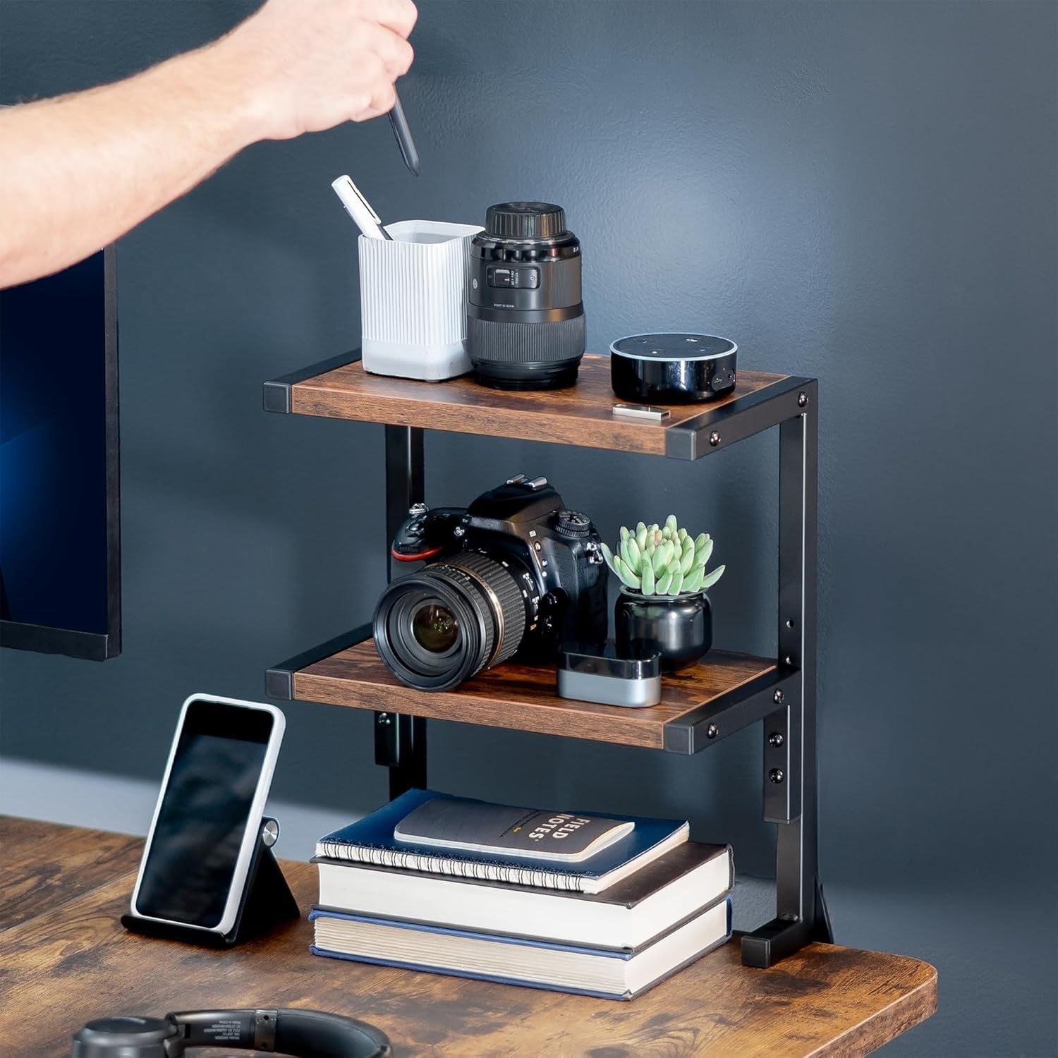 Clamp-On Desk Shelf 2-Tier Rustic Brown 13" Above/Below Mount Storage Organizer