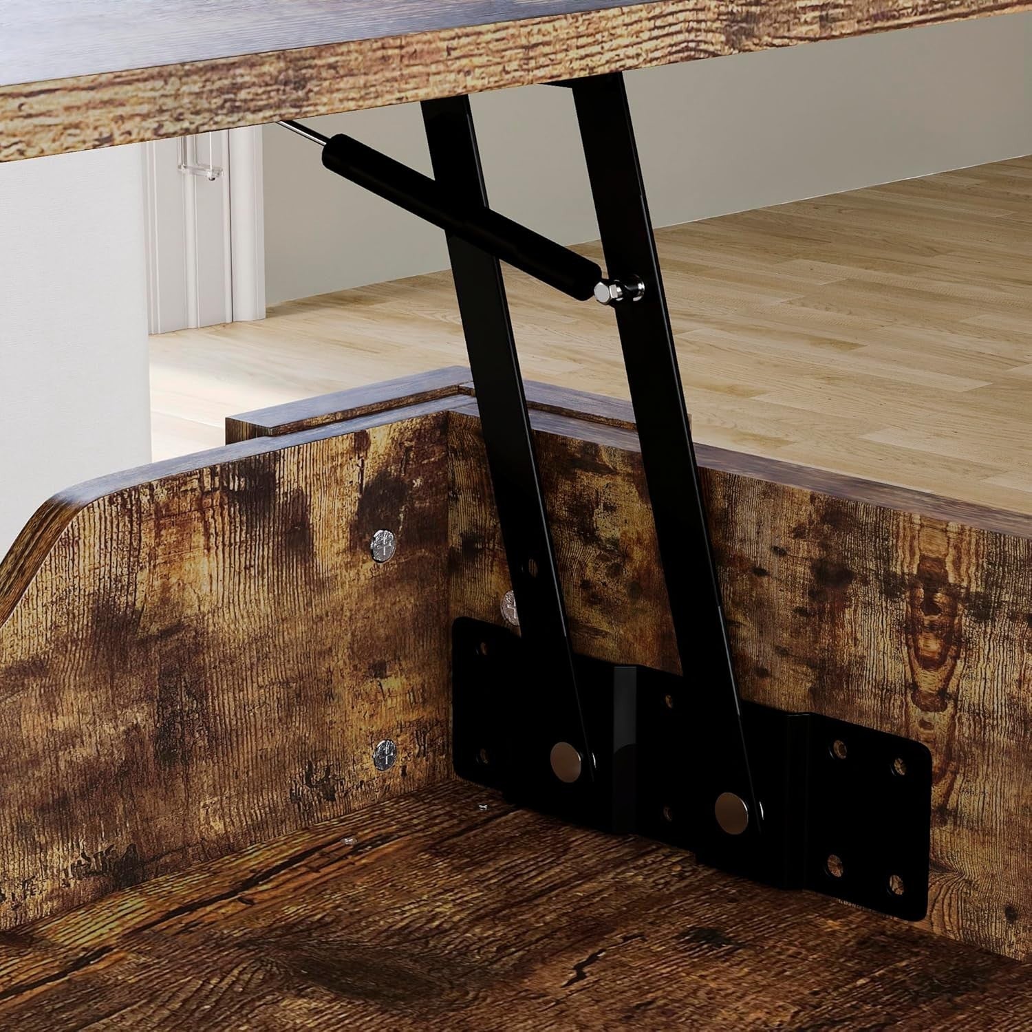 Lift Up Coffee Table with Hidden Storage & Shelf, Modern Dark Wood 100cm