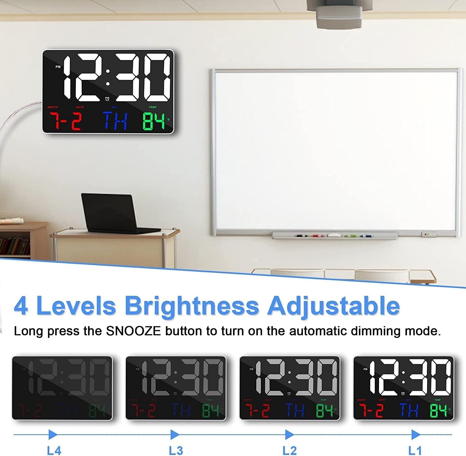 White Large Digital Wall Clock Remote Control Date Temp 12/24H