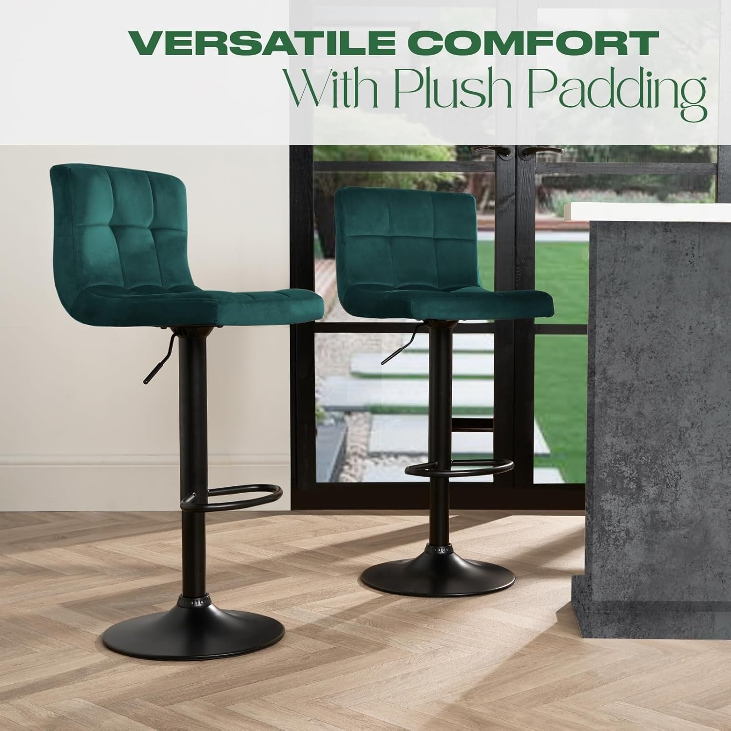 Set of 2 Adjustable Teal Velvet Bar Stools with Swivel & Footrest