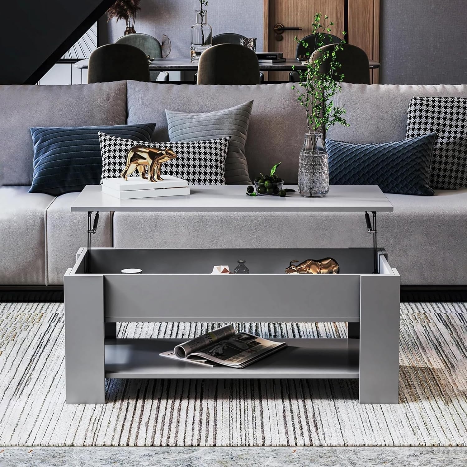 Lift Top Coffee Table with Hidden Storage – Grey Wooden Table 100x50cm