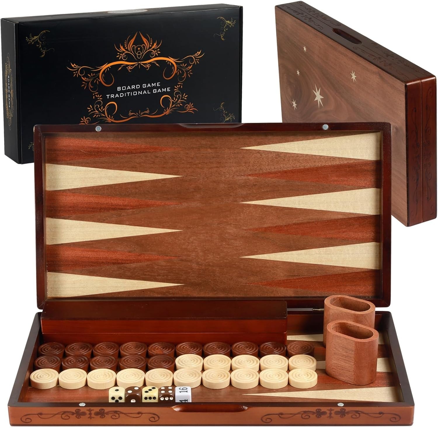 Large Wooden Backgammon Set 16” Folding Travel Board Luxury Strategy Game