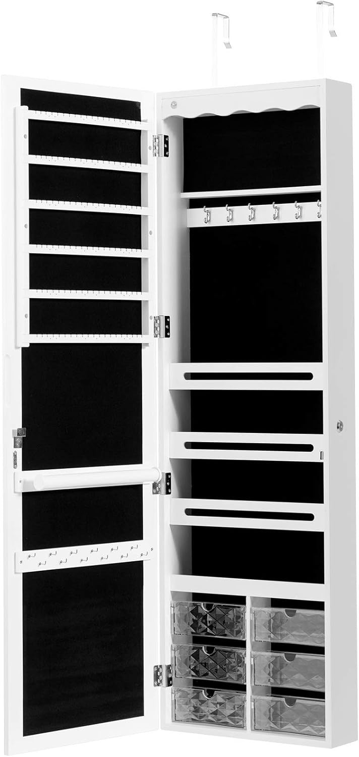 White LED Wall Mounted Jewelry Cabinet Mirror Lockable Hanging Organizer