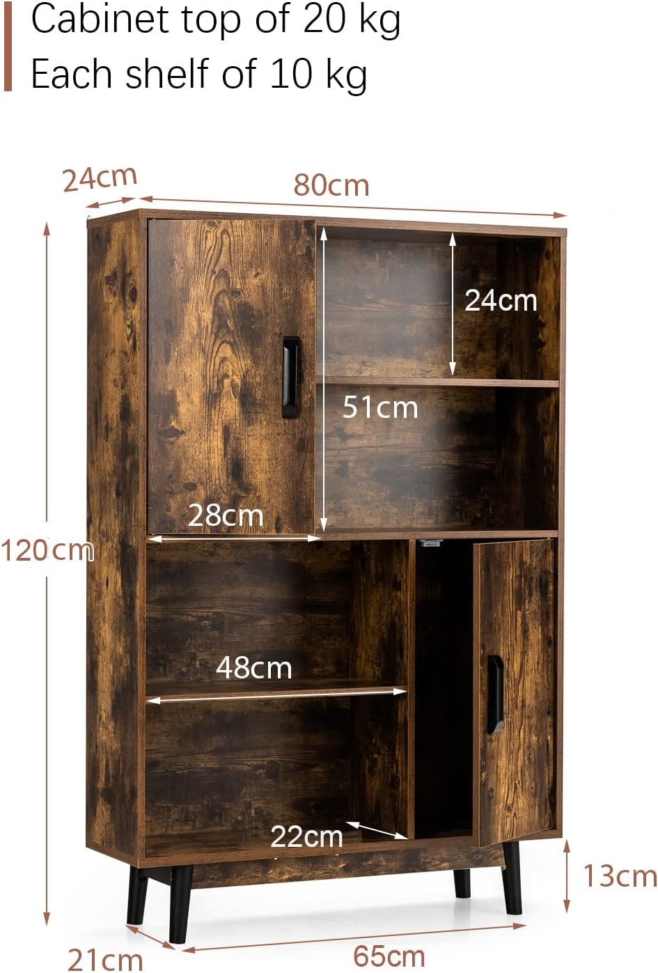 5-Tier Rustic Bookcase with Doors, Adjustable Shelves Tall Storage Cabinet 80×12