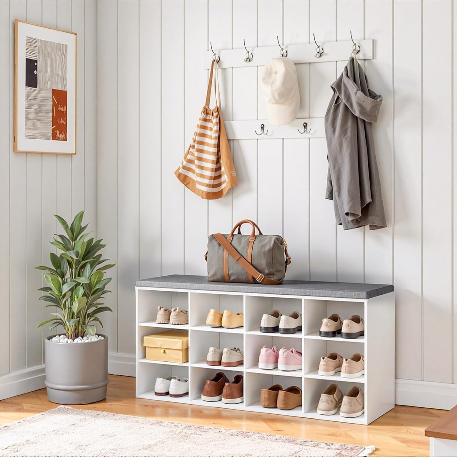 Shoe Storage Bench with Cushion & Hooks, 12 Cubbies, 100cm Hallway Rack