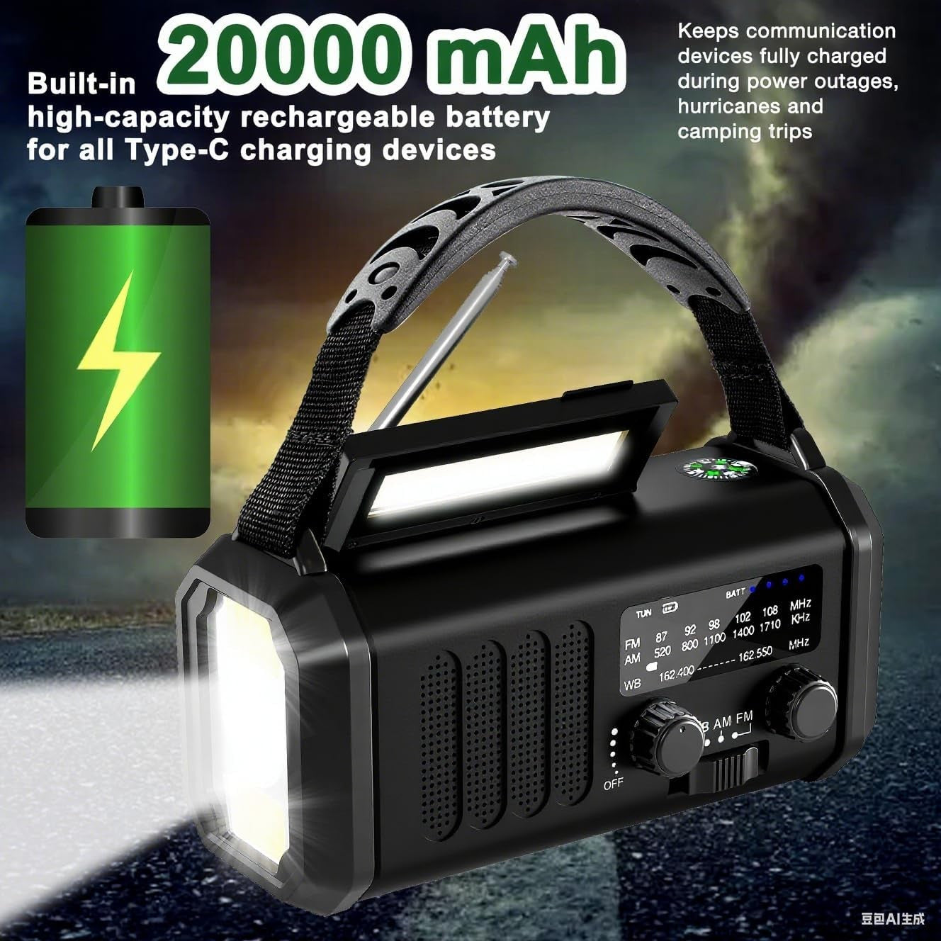 NOAA Emergency Radio 20000mAh Solar, Hand Crank, AM/FM, Torch & SOS