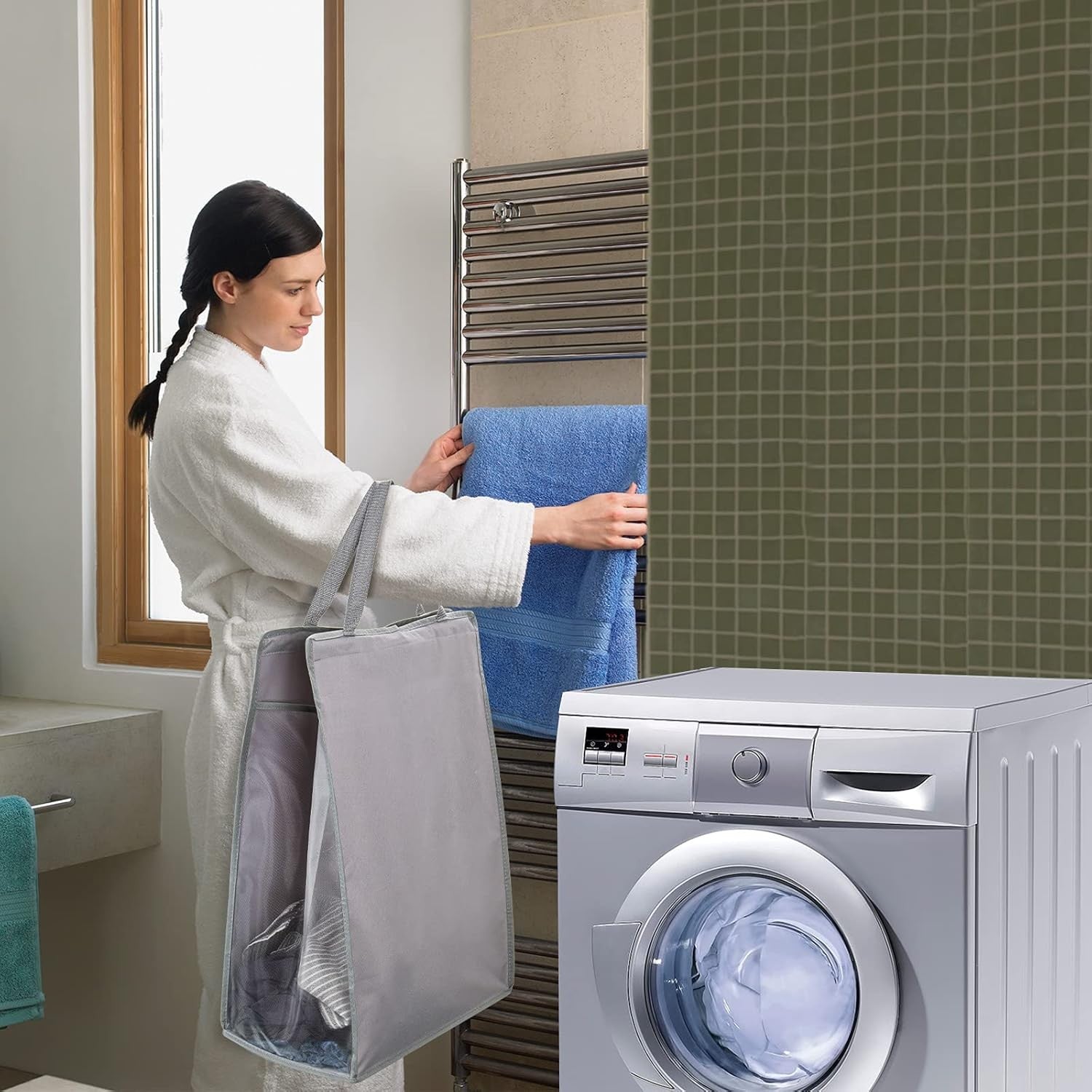 2-Pack Hanging Laundry Hampers Grey | Slim Space-Saving Hamper Bags with Hooks