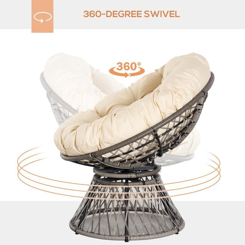 Rattan Swivel Papasan Chair Outdoor Round Wicker Seat w/ Cushion Beige 360°