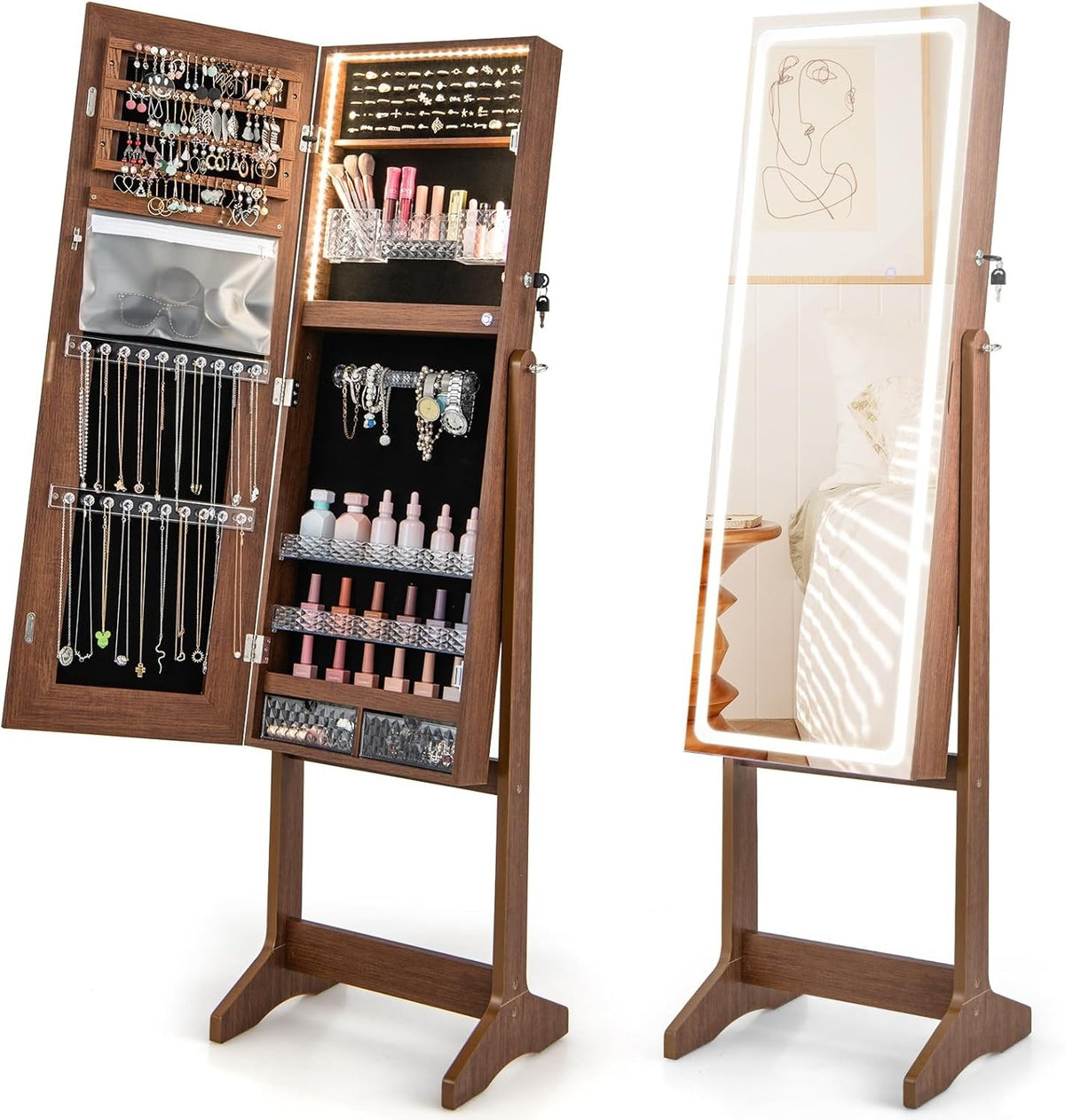 Walnut LED Jewelry Cabinet Mirror Lockable 3-Color Light Storage Stand