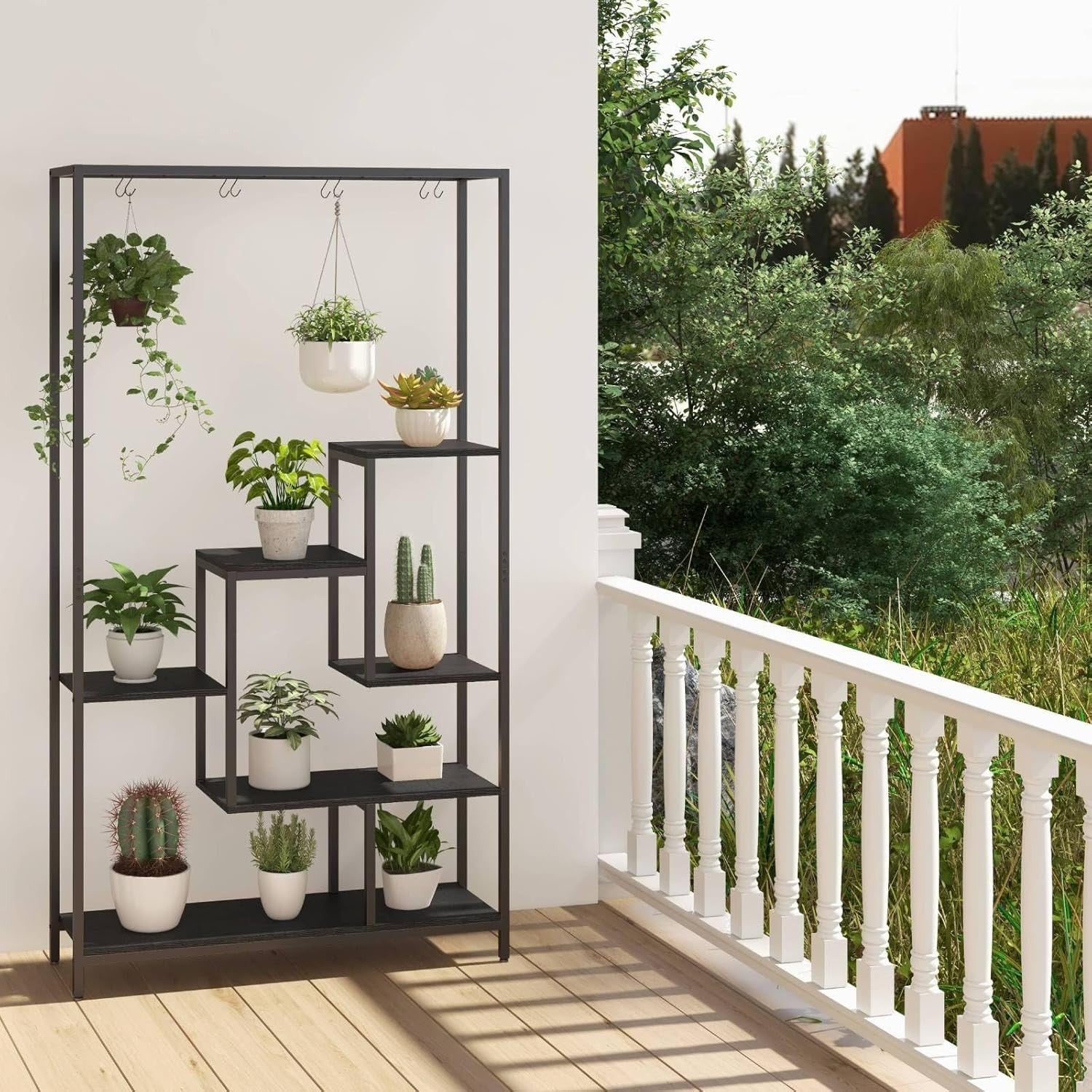 6 Tier Metal Plant Stand Tall Indoor Flower Shelf with Hooks for Balcony Living