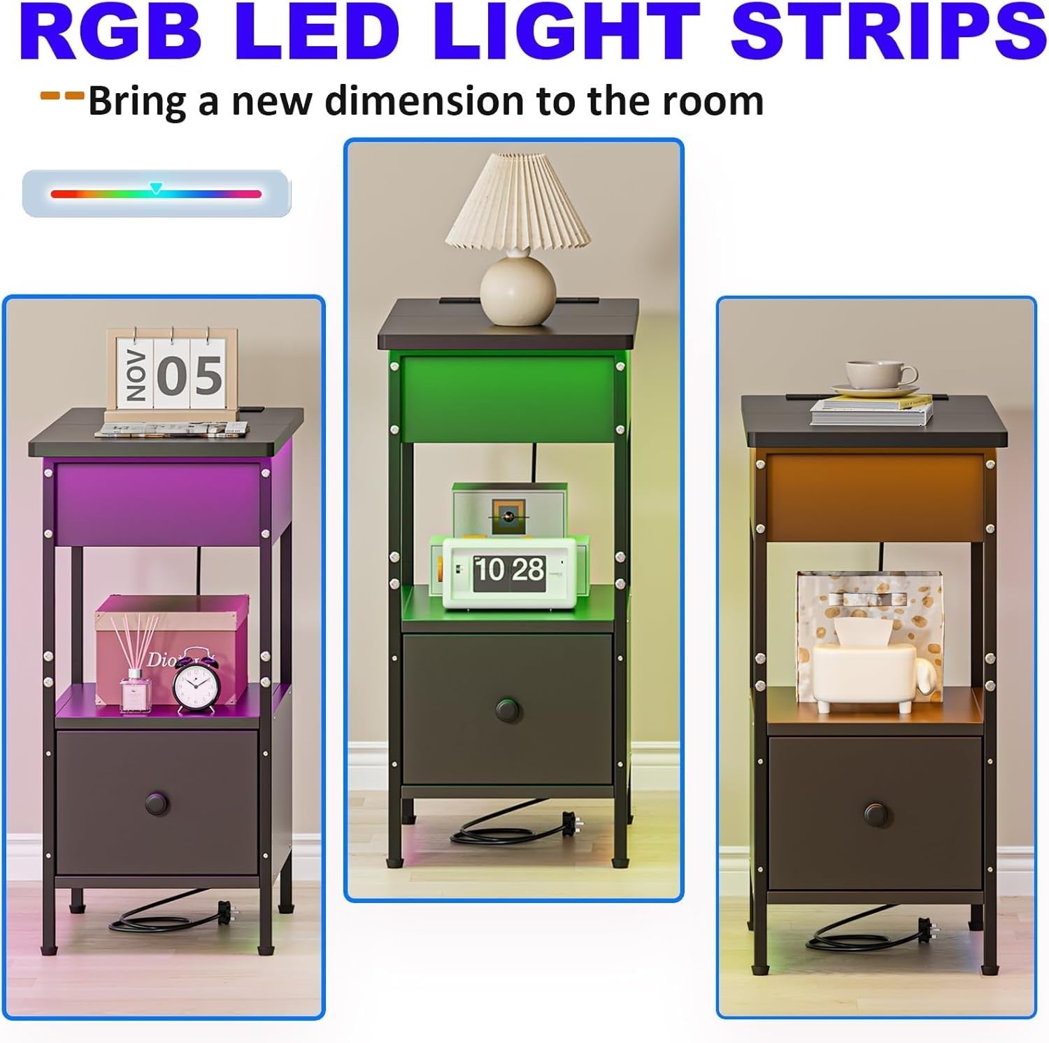 Slim Black Smart Bedside Table with LED Light, USB Charging & Drawer