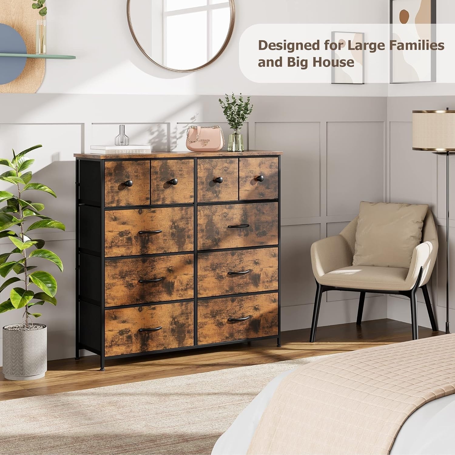 Rustic Tall Chest of 10 Drawers Storage Unit for Bedroom Hallway Closet