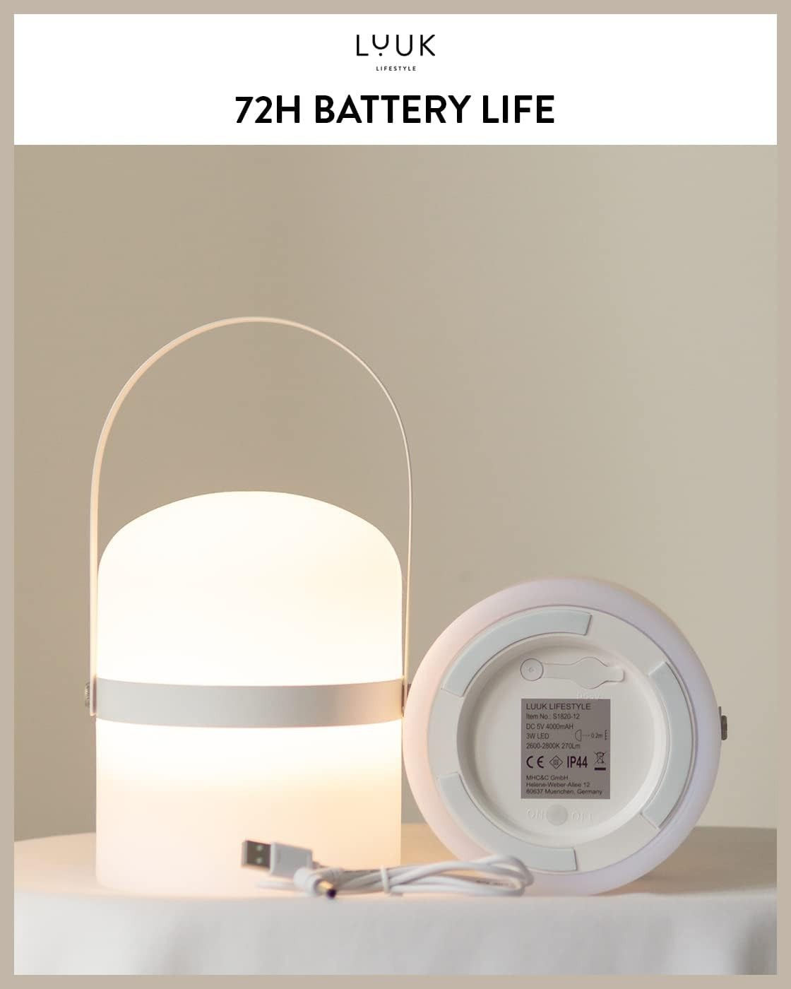 LED Lantern White 26.5cm Portable Rechargeable