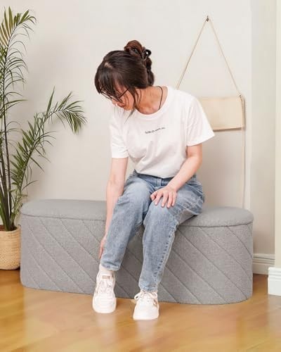 Grey Oval Storage Ottoman Bench 3-in-1 Footrest Seat with Lid 110x38x38cm