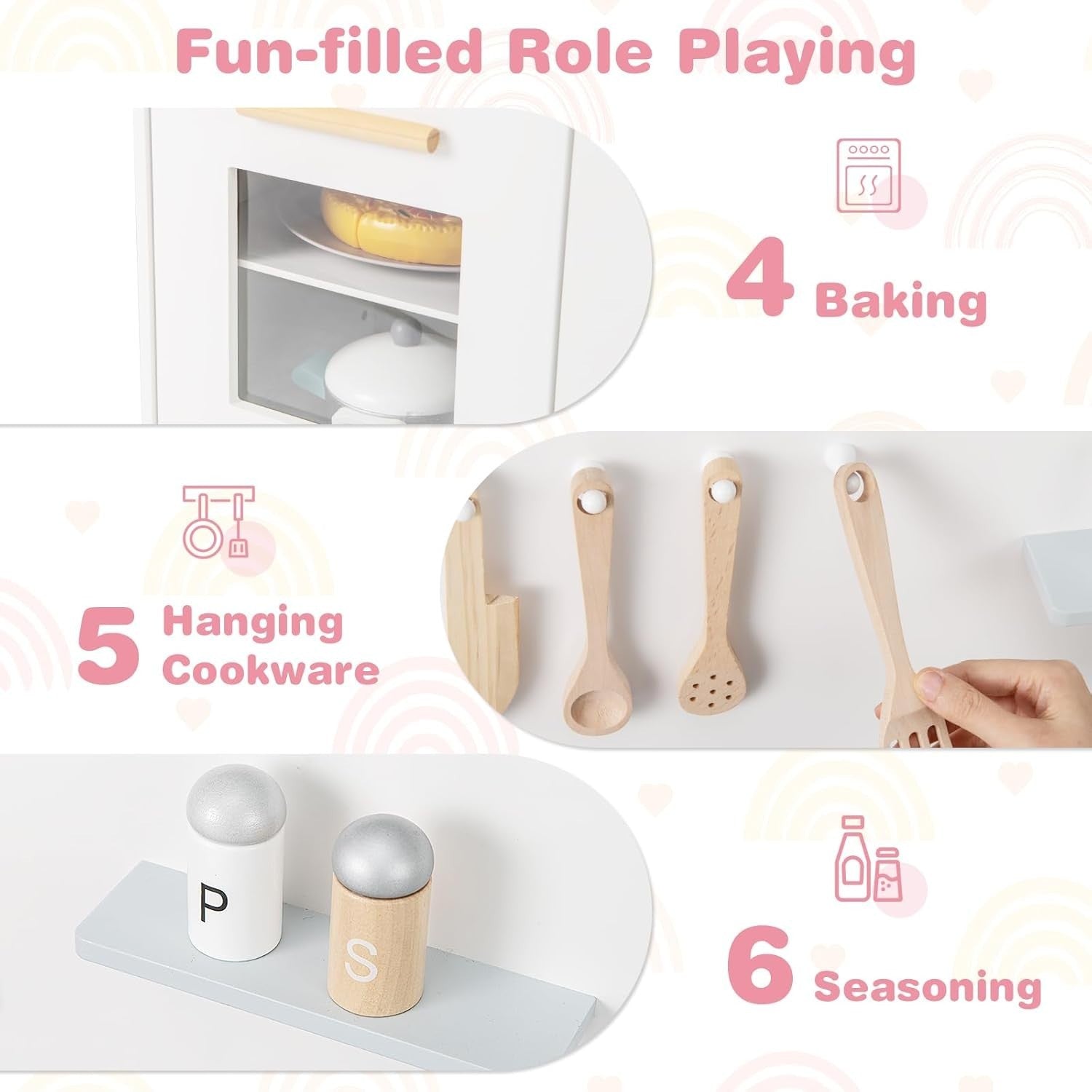 Wooden Kids Play Kitchen White Lights Sounds Oven Chef Toy Set