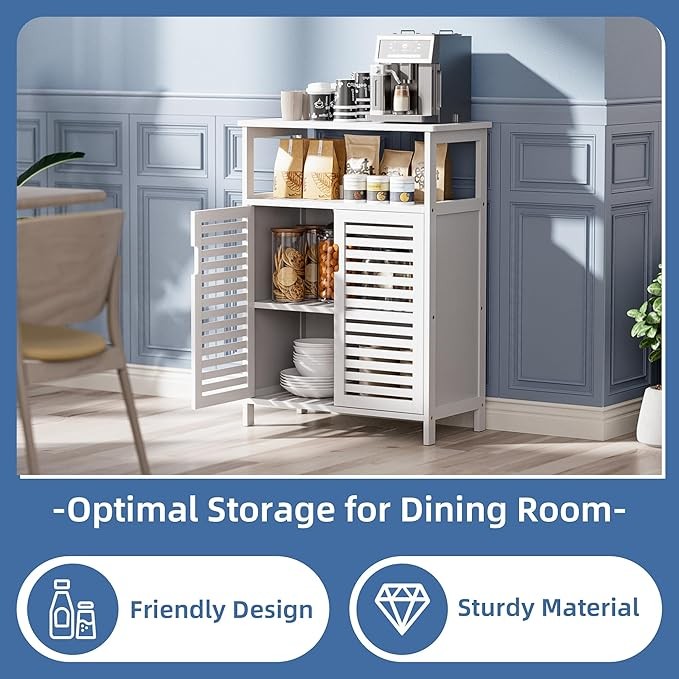 White Bamboo Storage Cabinet with Shutter Doors & Open Shelf 60x30x80cm