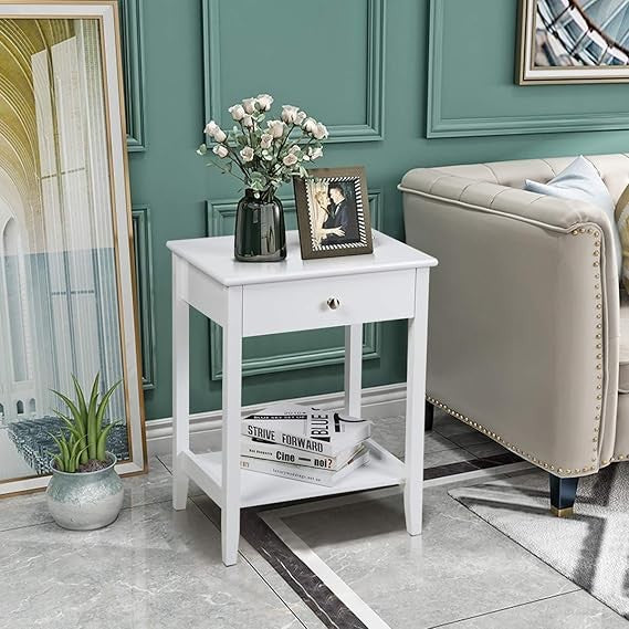 Slim White Bedside Tables Set of 2 – Drawer Storage Shelf Compact Nightstands